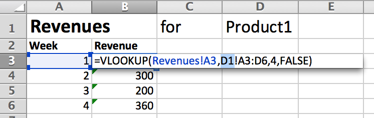 We can't use a reference to D1 to specify the sheet we want in our VLOOKUP() function like this