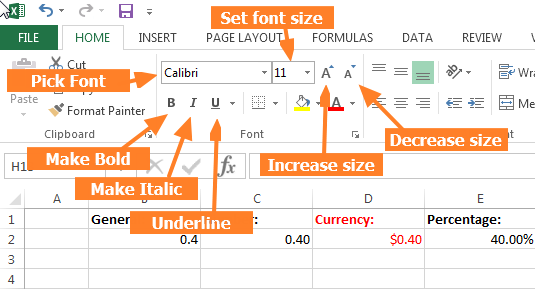 Changing the font, size, and look of a cell