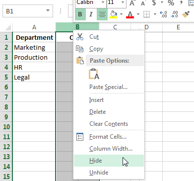 Hiding a column in Excel