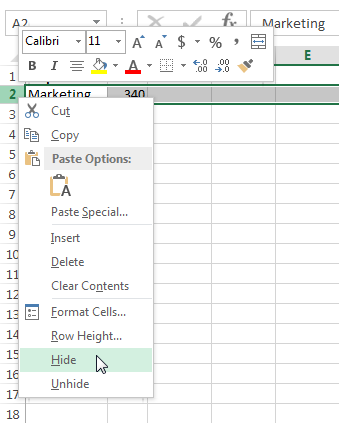 Hiding a row in Excel