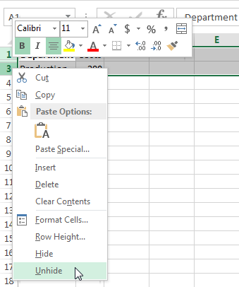 Unhiding a row in Excel