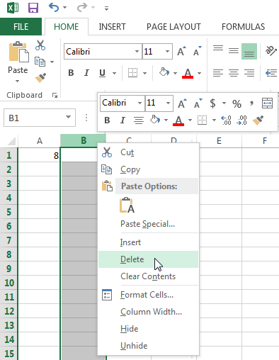 Deleting column B after clicking on the column header