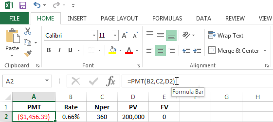 Example of a completed PMT function in Excel