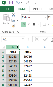 Highlight column A by clicking the column header