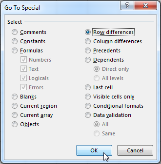 Select Row Differences option from the Go To Special options window